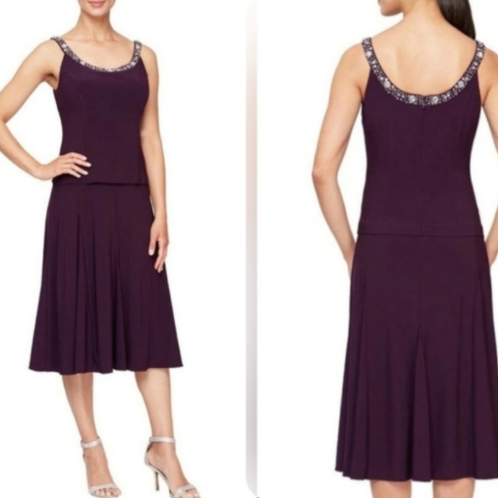 Alex Evenings Size 14 Purple Crepe Rhinestone Scoopneck Drop Waist Midi Gown NWT